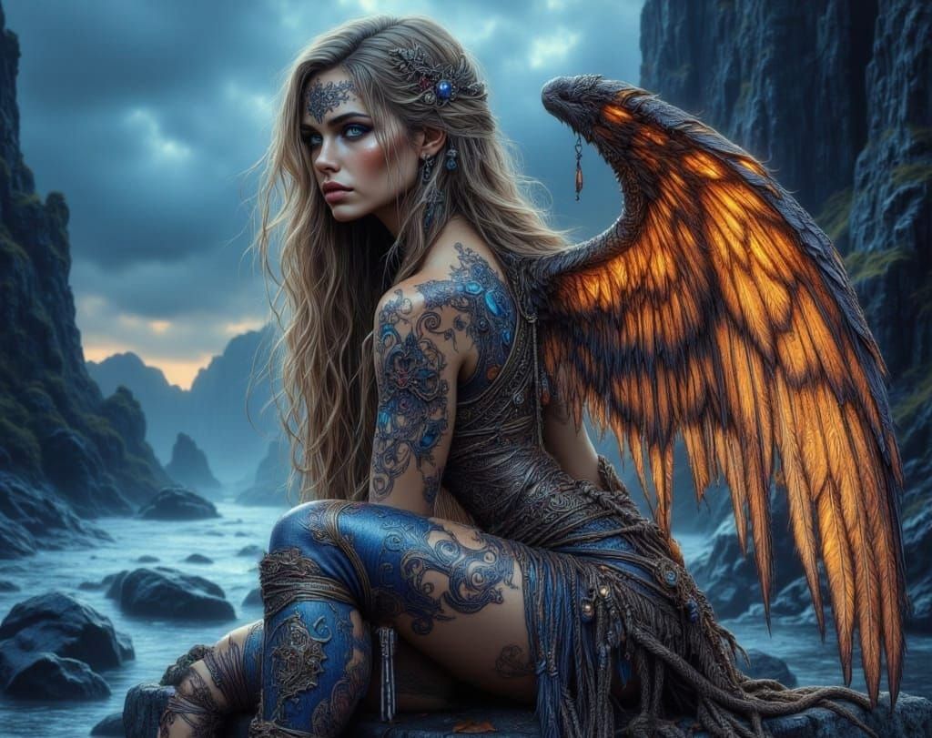 Winged Valkyrie with Glowing Runes in Stormy Weather