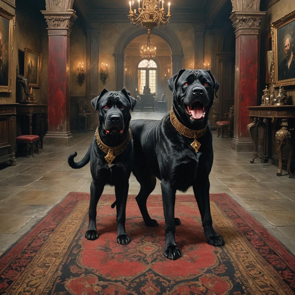 A snarling, hyperrealistic Giant Black Mastiff Pinhead, with fiery red eyes, from the movie Hellraiser, in full Pinhead ...