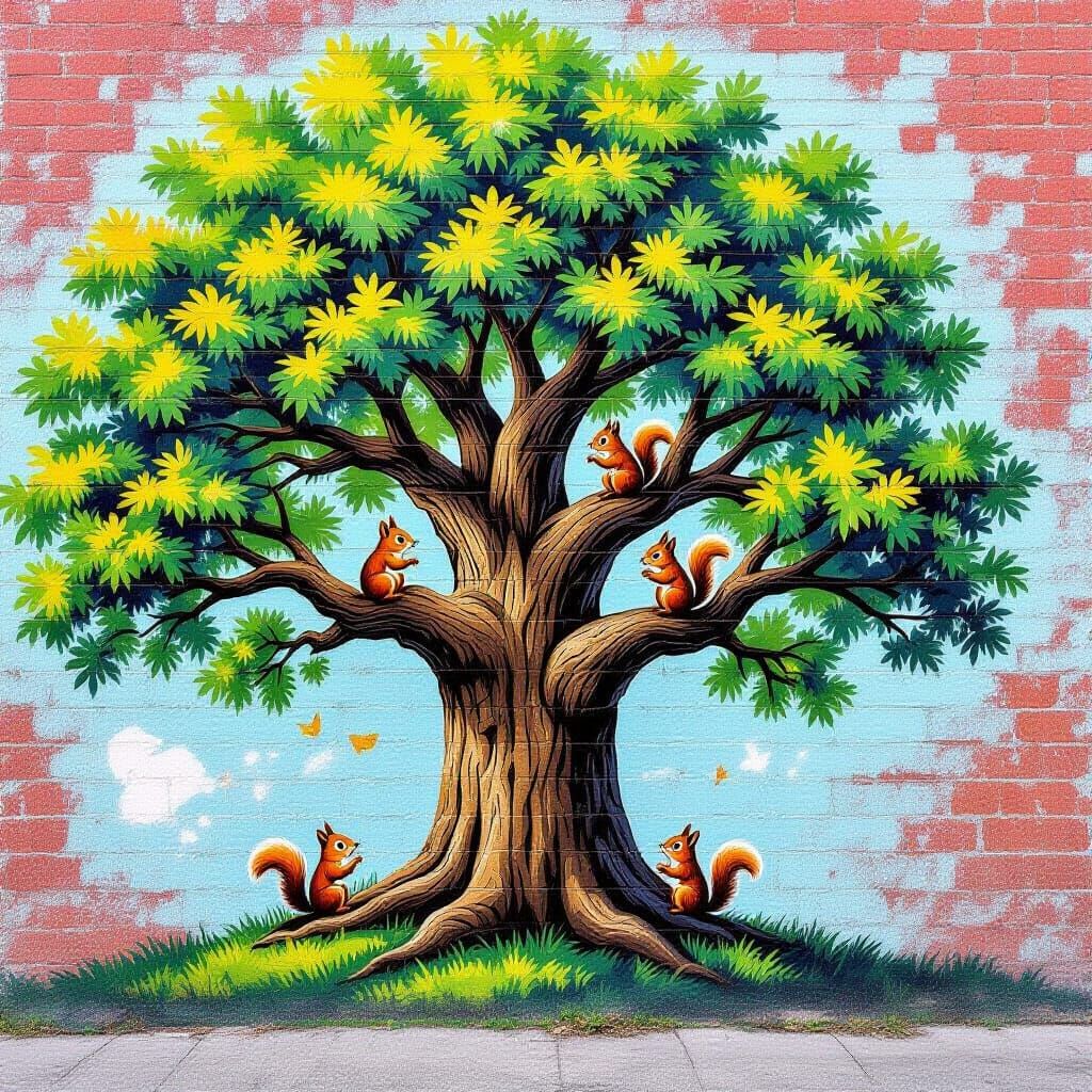 Vibrant Graffiti Oak Tree Mural with Squirrels