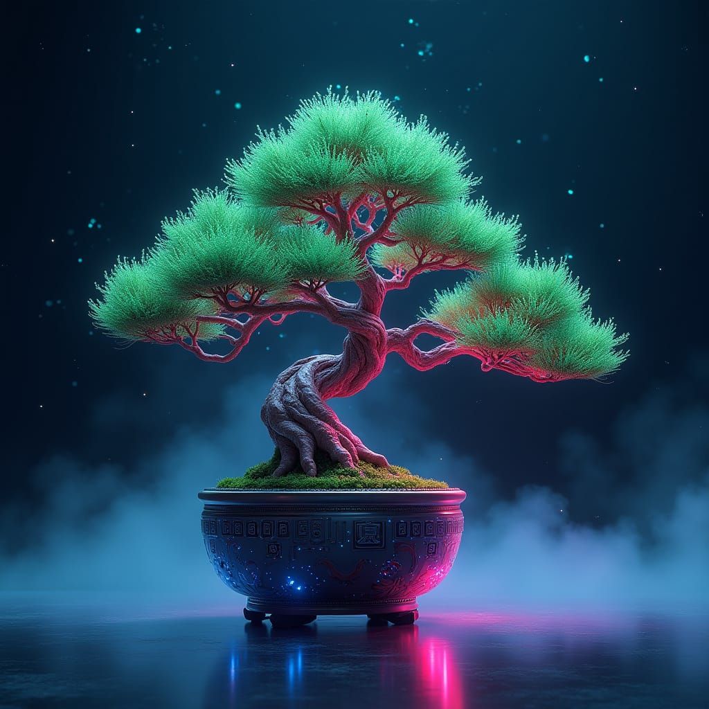 Holographic Bonsai Tree in Cyberpunk Style