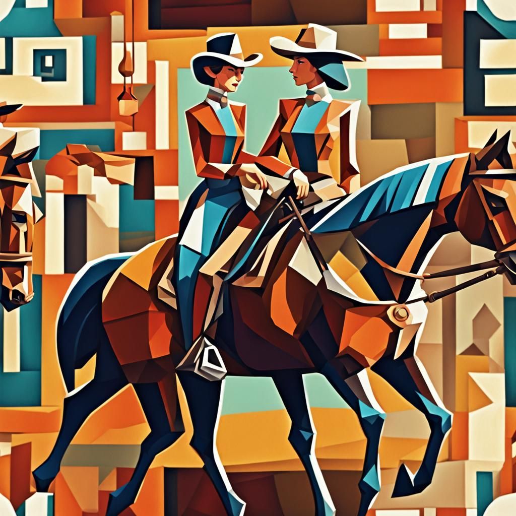 Cubist Anime Saloon Girls on Horseback