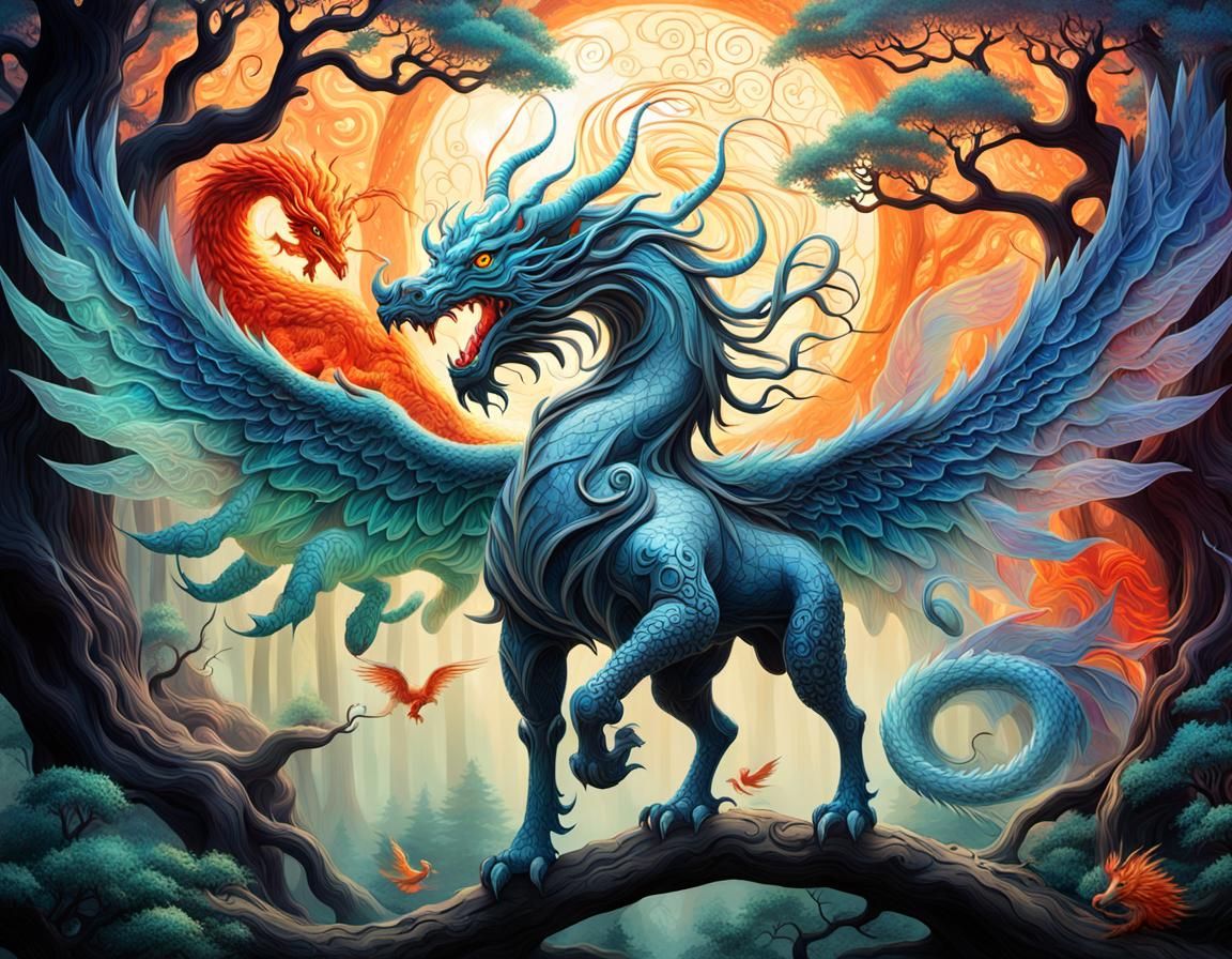 Mythical Qilin-Phoenix-Dragon Hybrid in Dreamlike Forest