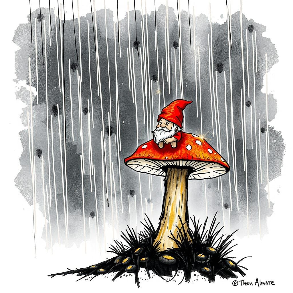 Whimsical Dwarf on Mushroom in Rain, Ink Drawing Style