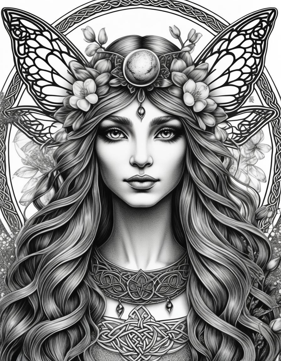 Detailed Black and White Portrait of Ostara Fairy