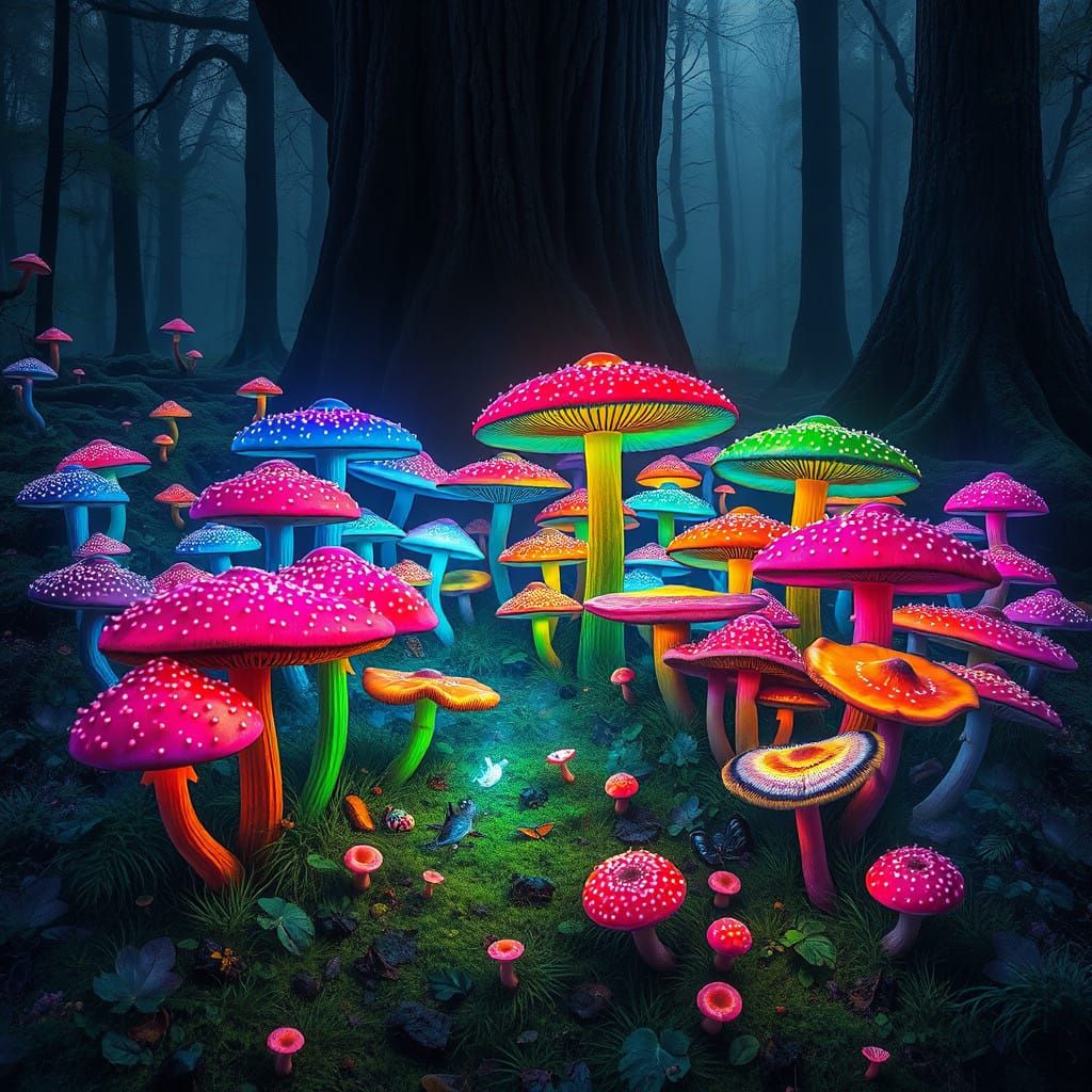 Whimsical Forest Oasis in Vibrant, Iridescent Hues