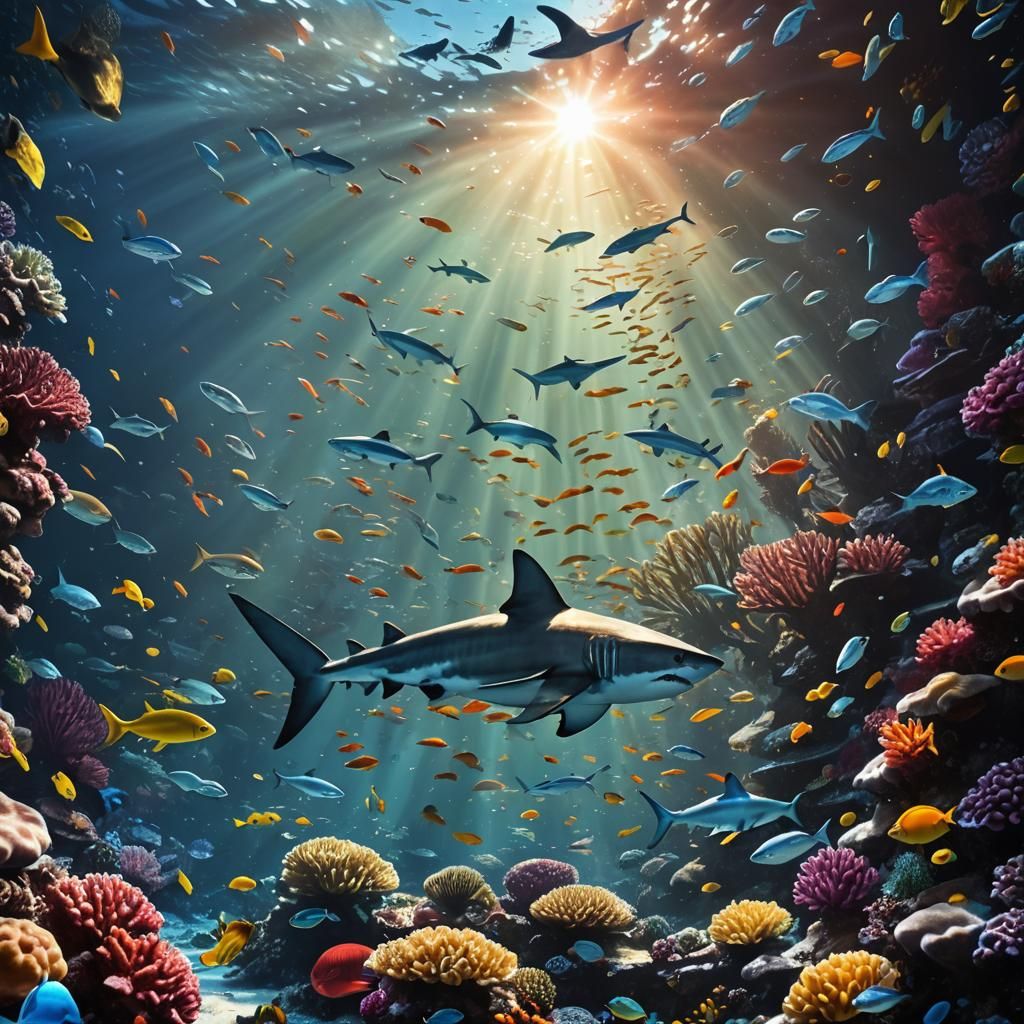 Great White Shark Over Coral Reef: Fantasy Concept Art