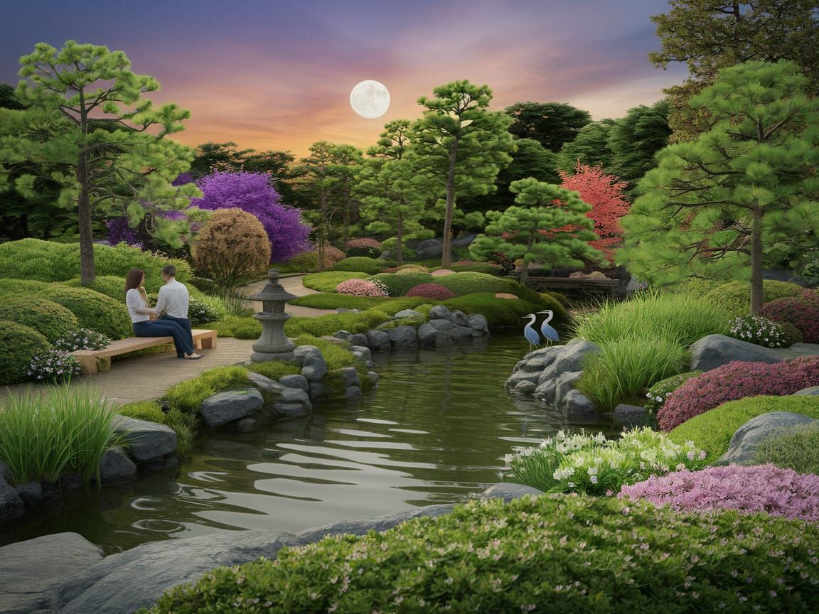 Moonlit Japanese Zen Garden in Soft Pastel Colors