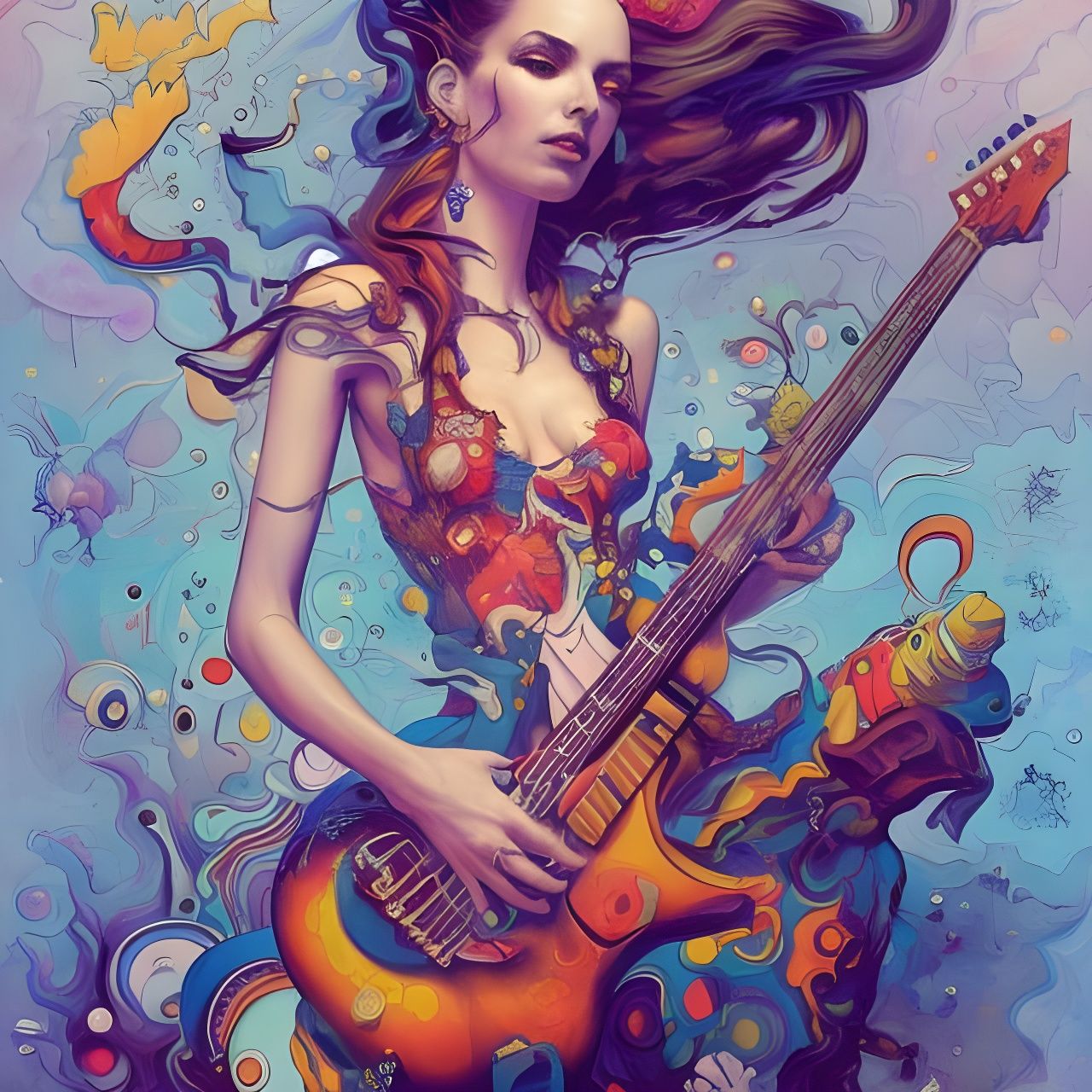 Woman Plays Electric Guitar in Colorful Splash Art