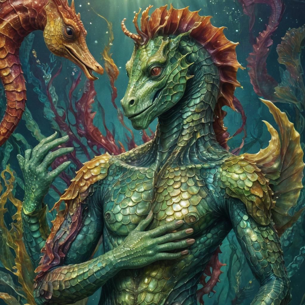 Surreal Human-Seahorse Hybrid in Iridescent Colors