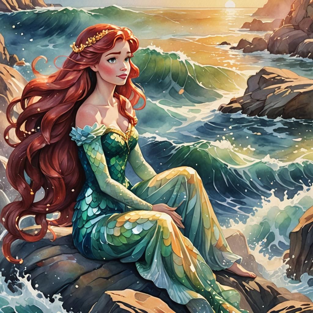 Ariel, Disney Princess, in Watercolor Style