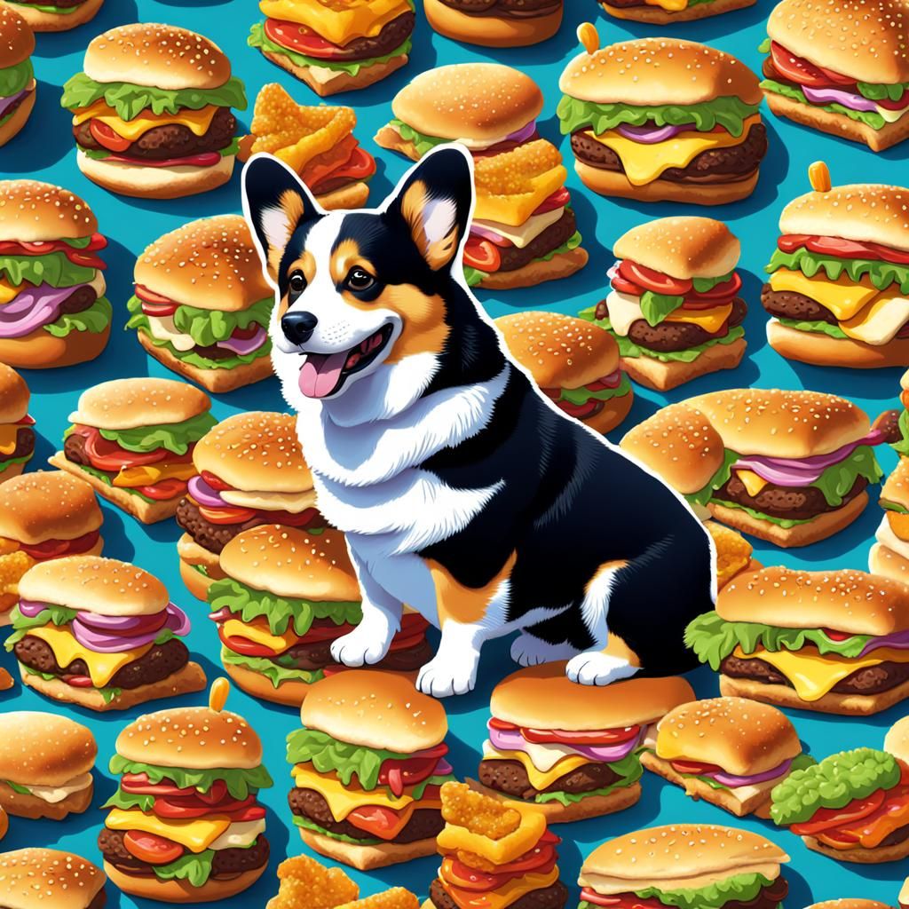 Duke the Corgi Eating a Cheeseburger