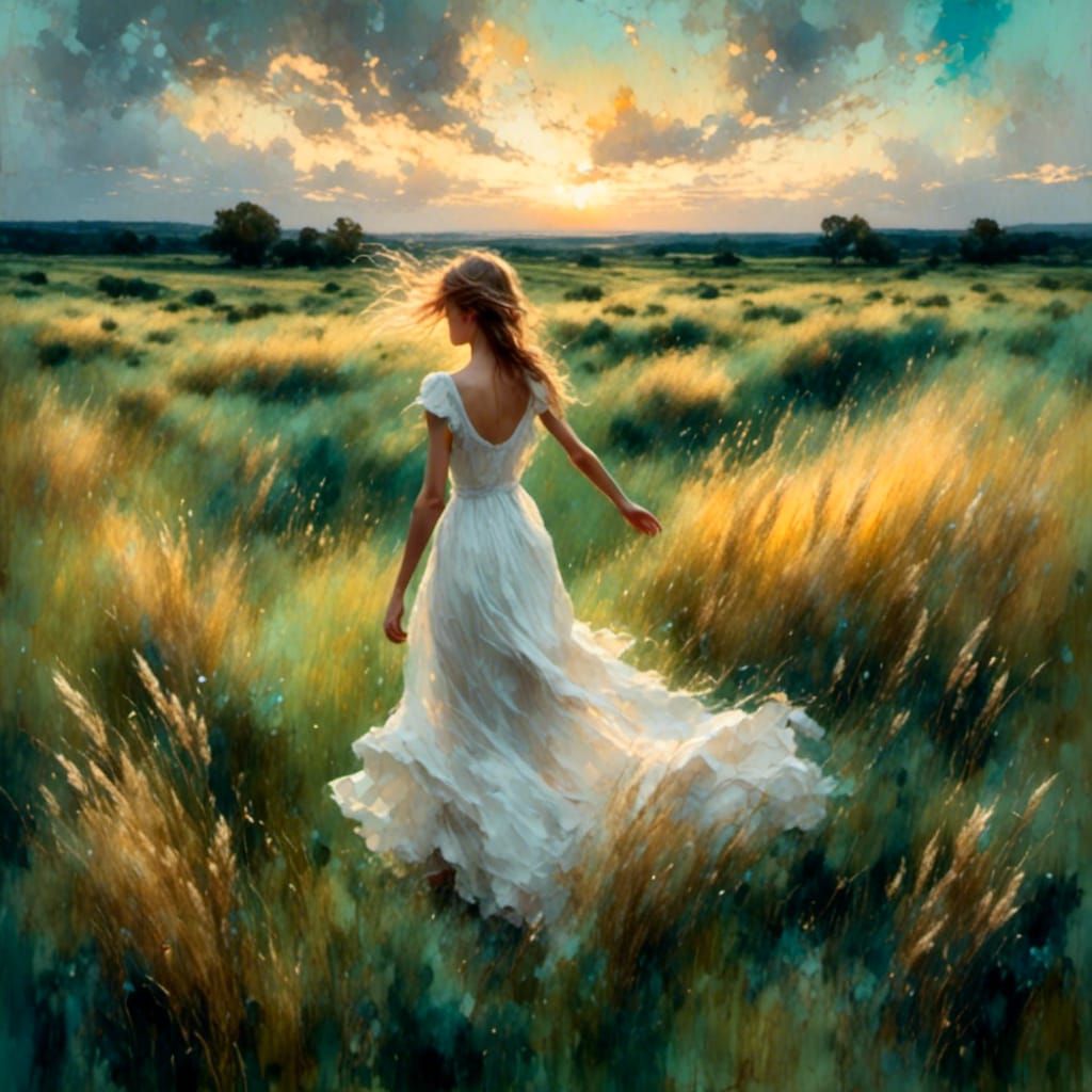 Ethereal Girl in Field: Impressionist Landscape