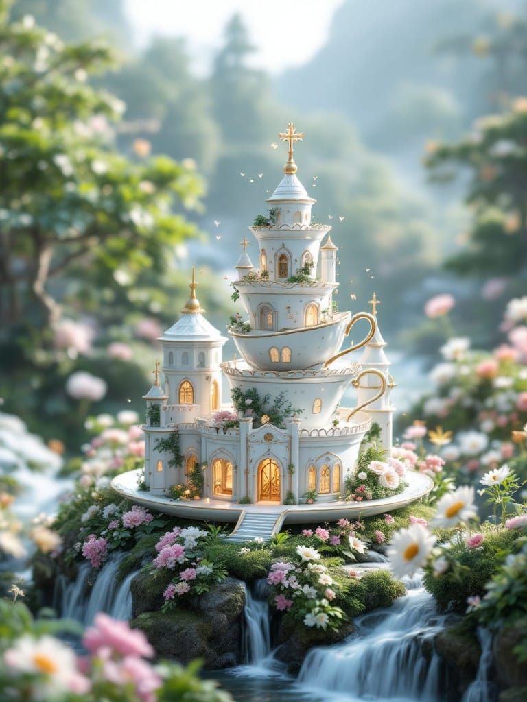 Elegant Fine China Porcelain Teacup Castle in Hyperrealistic...