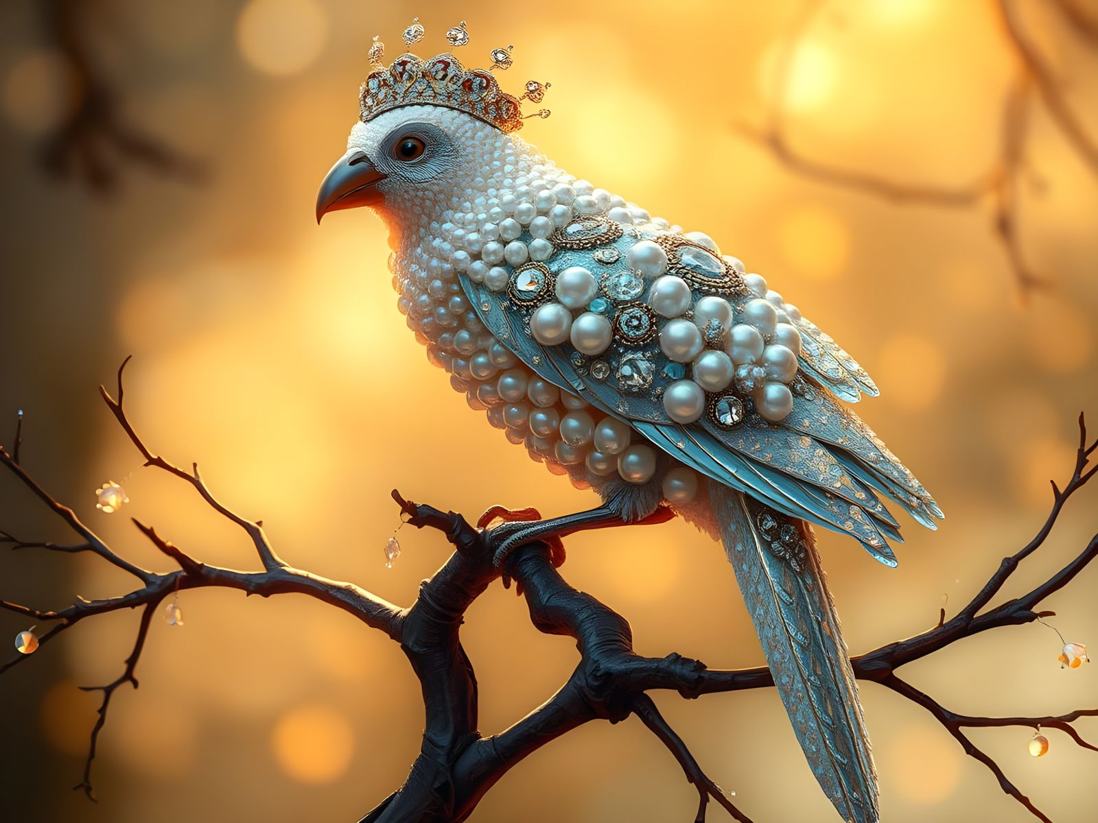 Bird of Luminous Pearls Perches on Branch