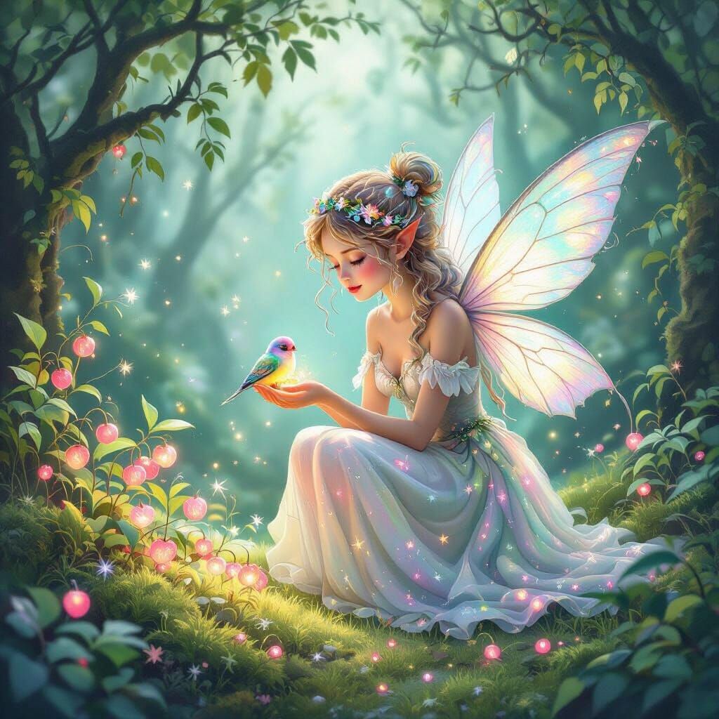 Whimsical Fairy Tending Glowing Berries in Grove