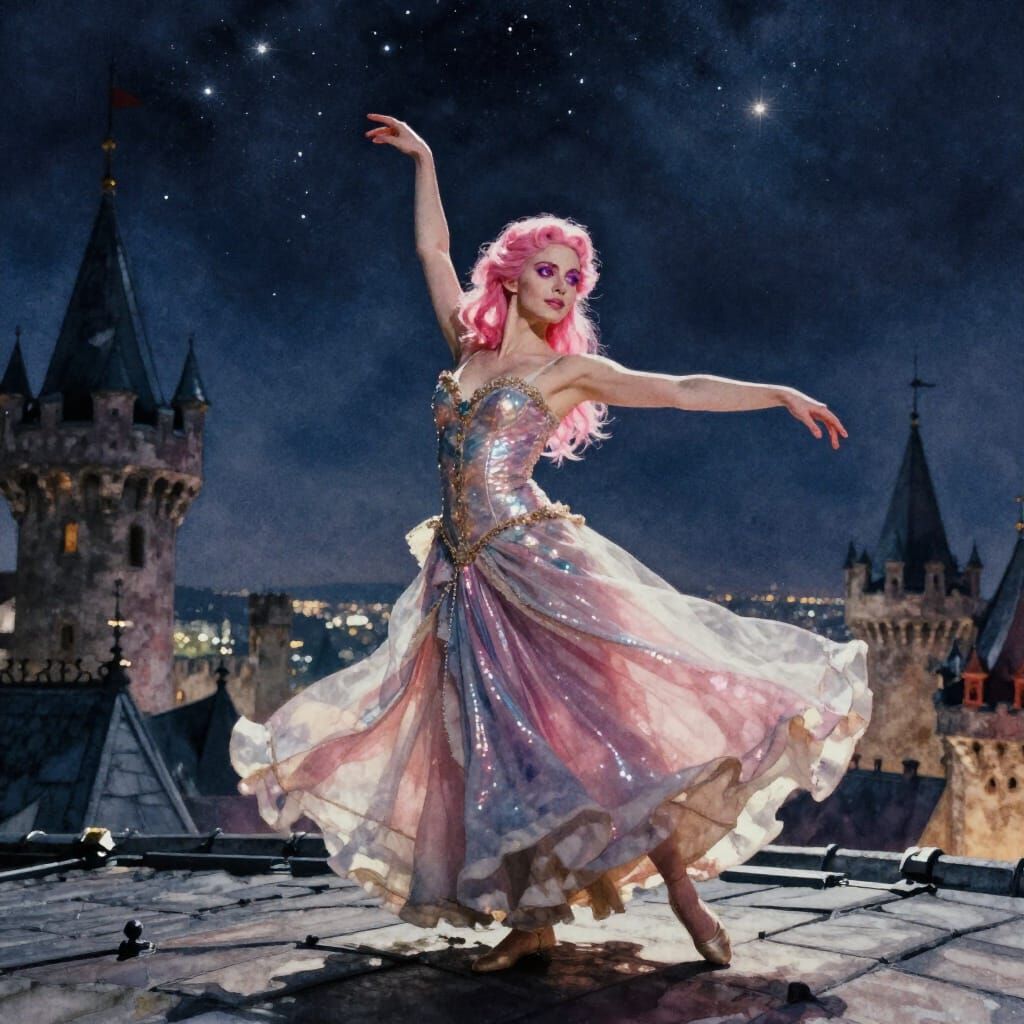 Pink Haired Elf Dancing on Castle Roof Under Starry Sky