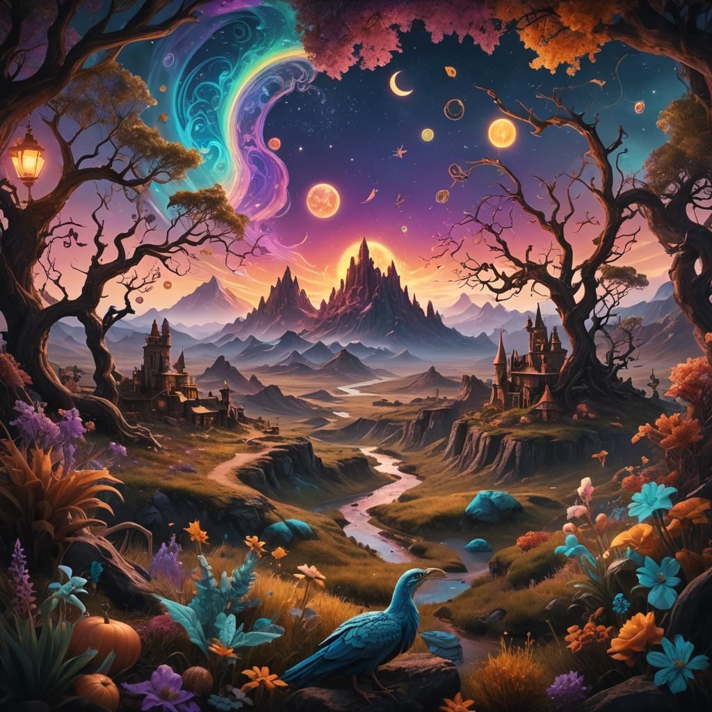 A whimsical and colorful digital art piece inspired by alchemy and magic, showcasing a mystical and fantastical landscap...
