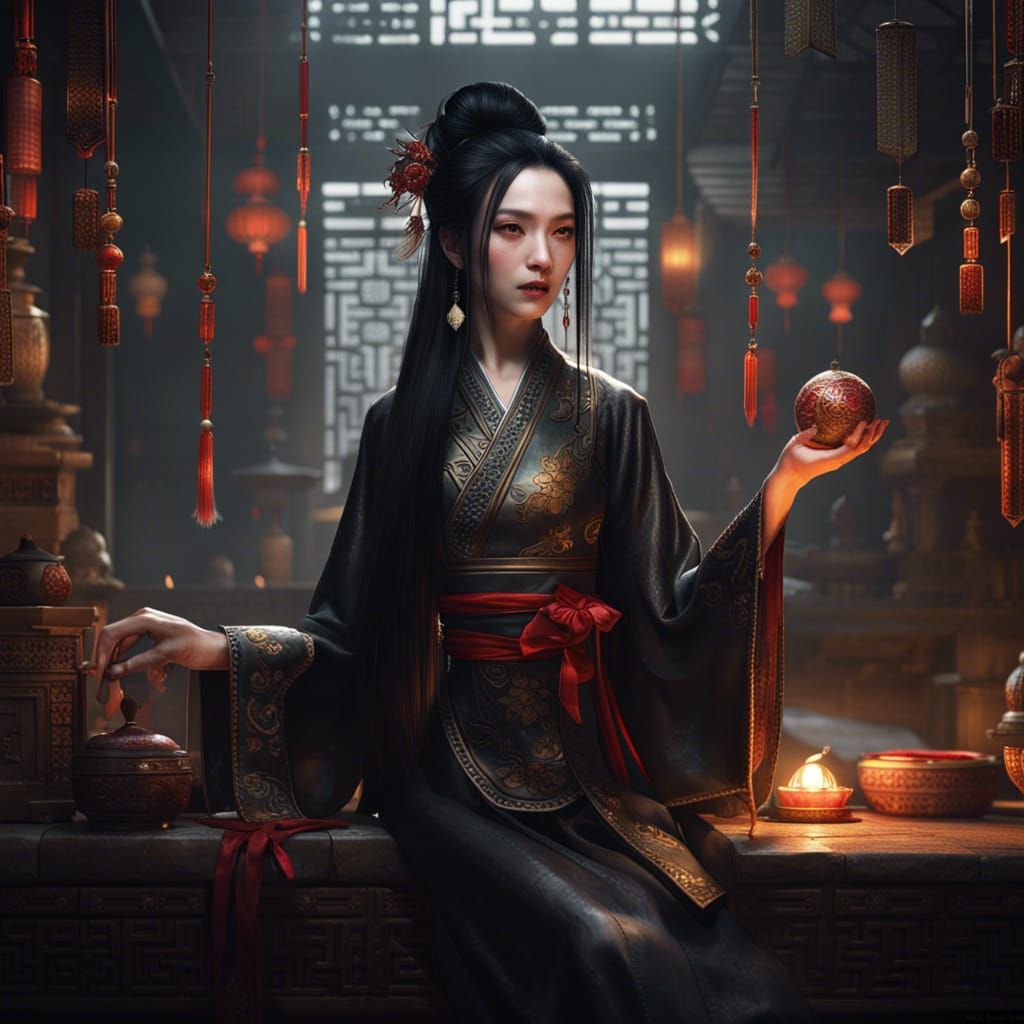 Chinese Woman in Traditional Dress, Dark Fantasy Art