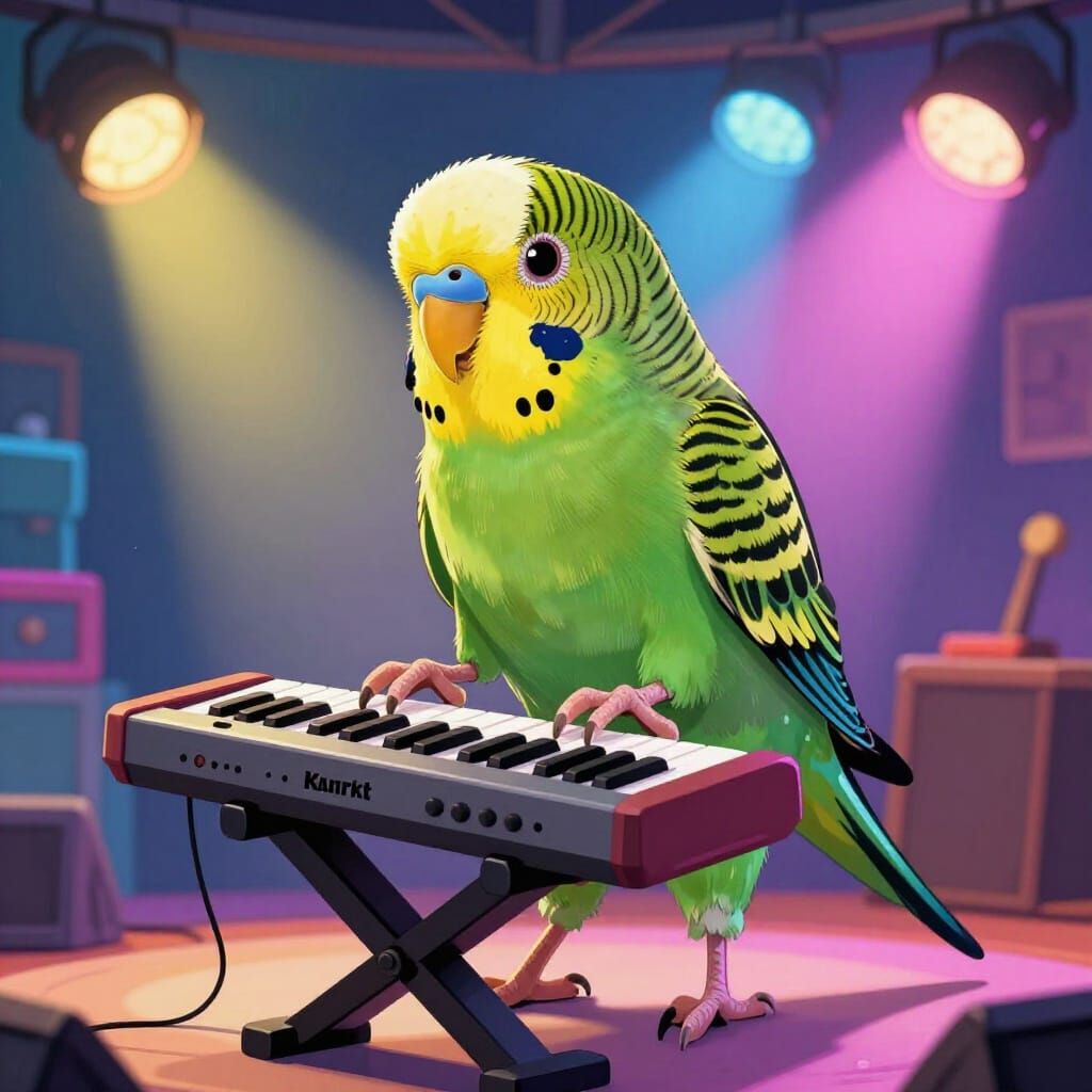 Budgie Bard Plays Synth Keyboard in Neon Pastel Lights