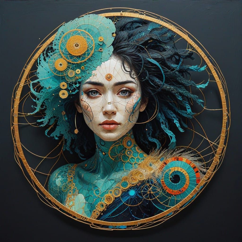 Surreal Avian Portrait in Verdigris Oil Painting Style