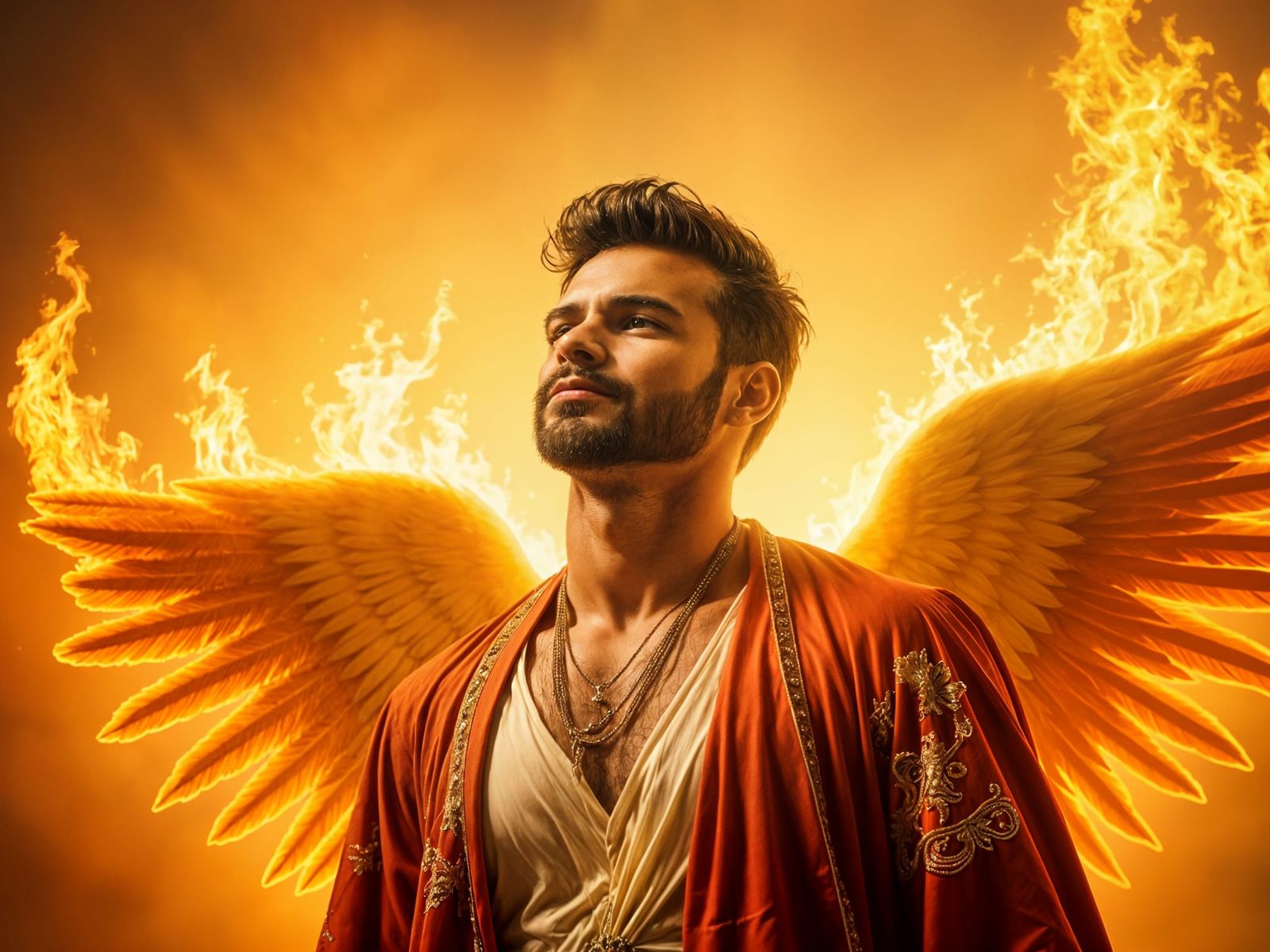 Angel Portrait with Flaming Wings and God Rays