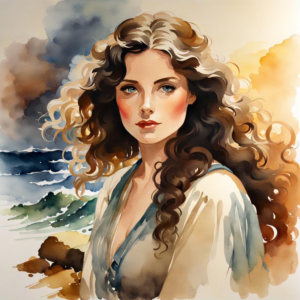 Brunette with Wavy Hair in Watercolor Style