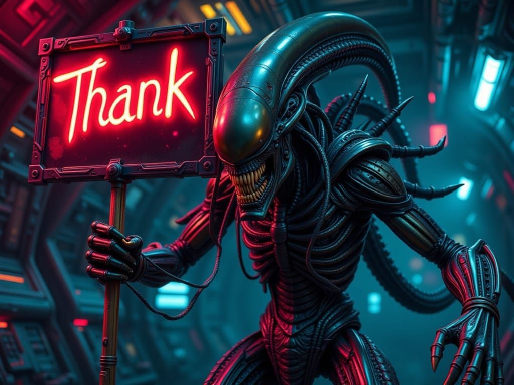 Bioluminescent Xenomorph Holding Thank You Sign in Neon Spac...