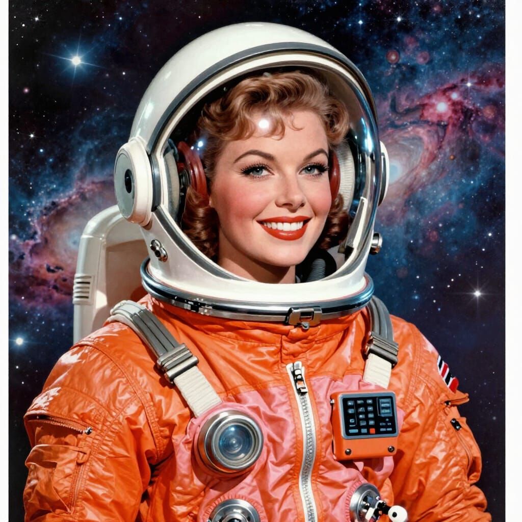 1950s Retro-Futuristic Woman in Orange Spacesuit Advertiseme...