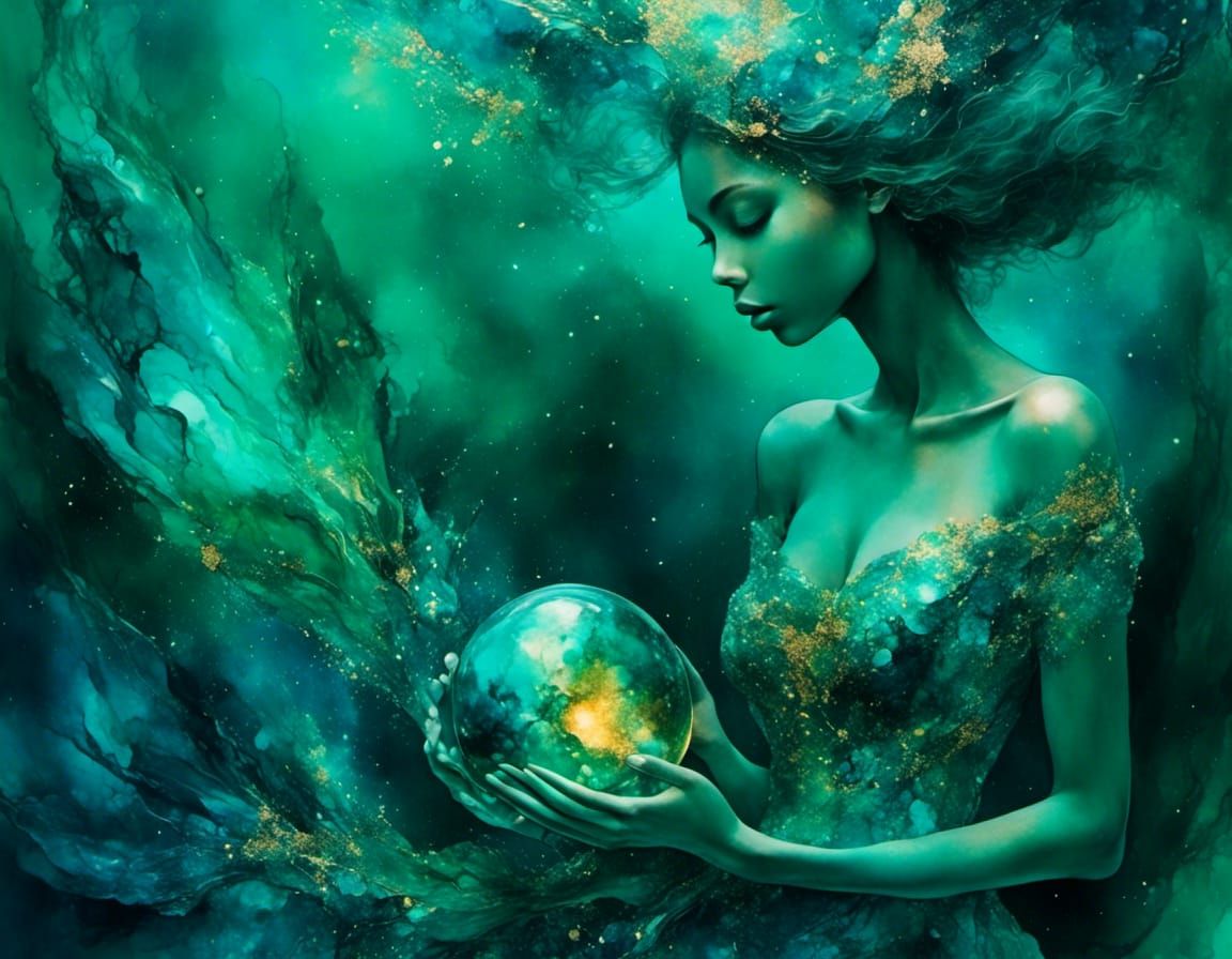 Mermaid with Golden Orb in Alcohol Ink Style