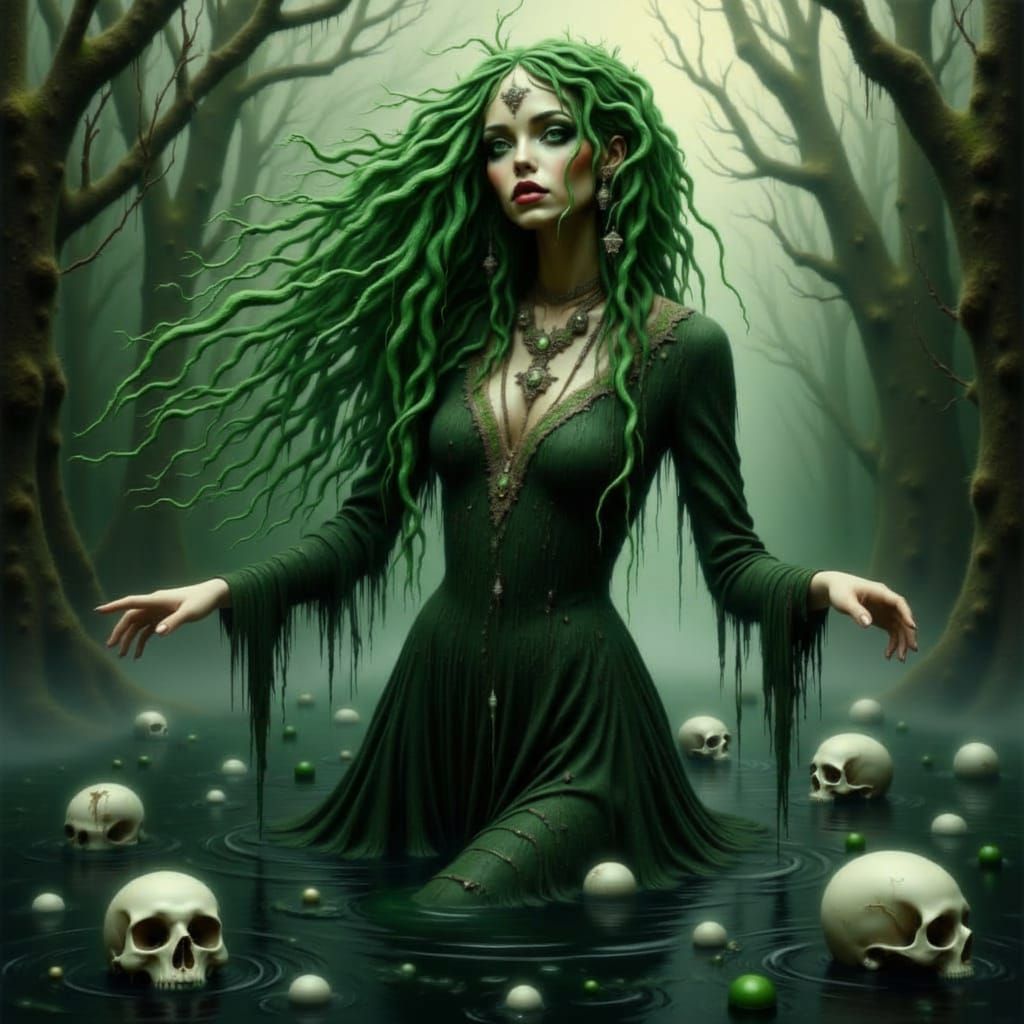 Moss-Haired Woman in Eerie Water Scene