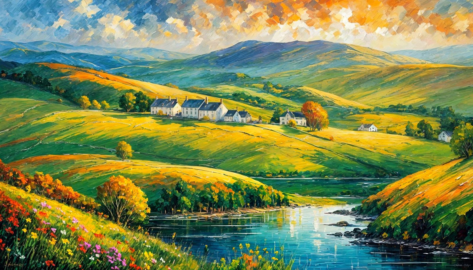 Highland Hills in Golden Light: Impressionist Landscape
