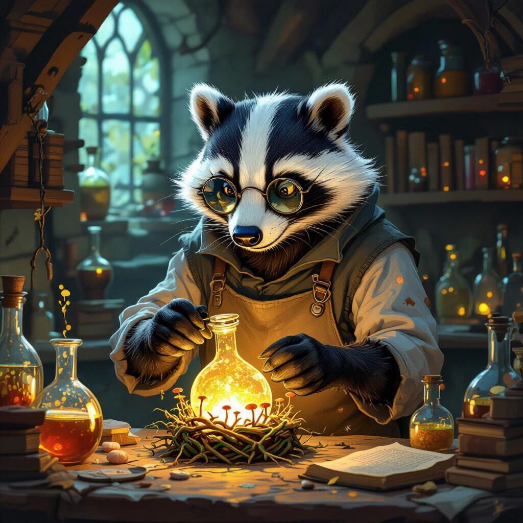 Badger Alchemist Examines Glowing Potion in Whimsical Lab