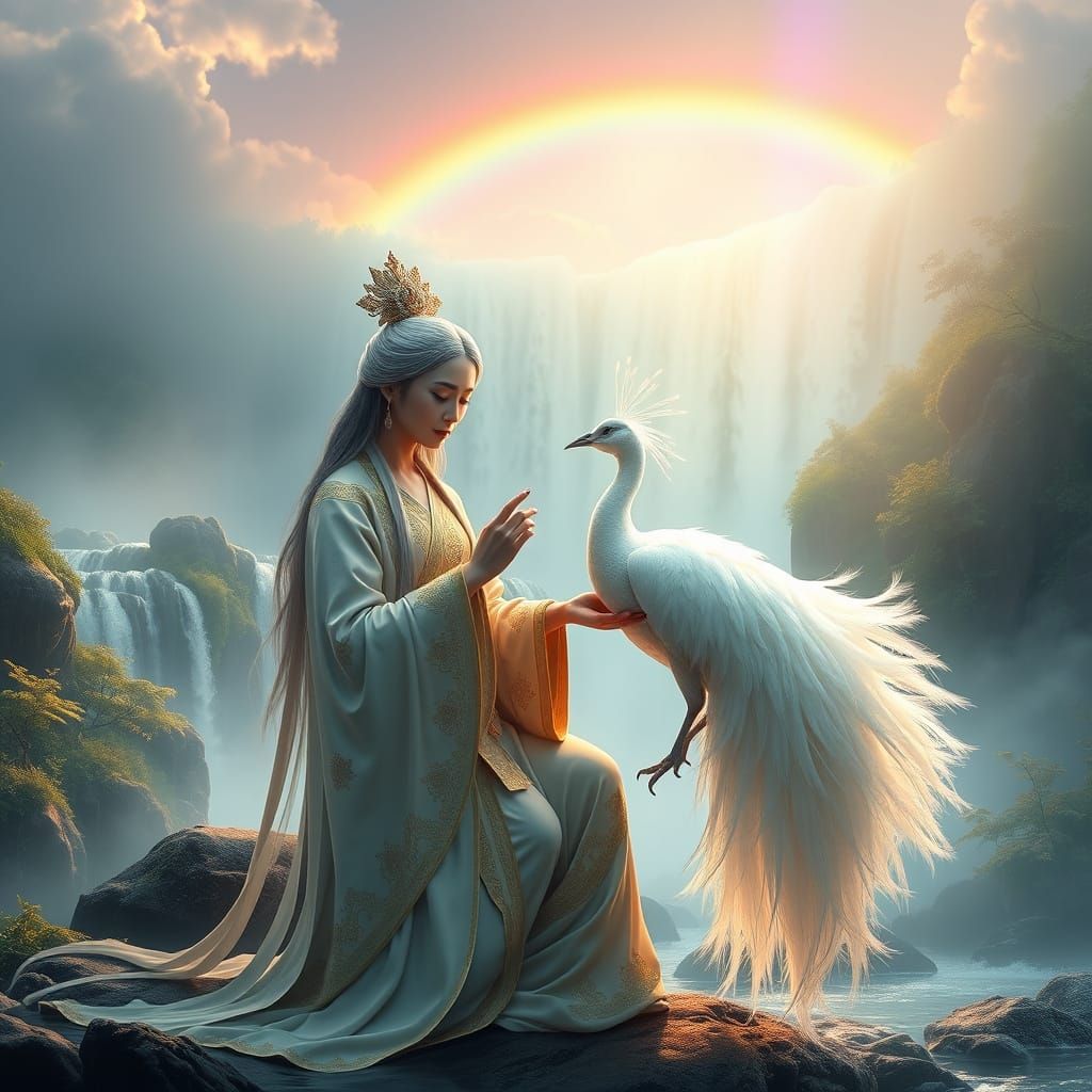 Serene Quan Yin Feeds Majestic White Peacock by Lush Waterfa...