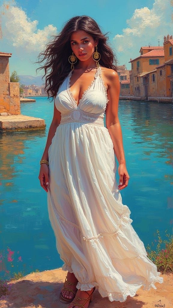 Palestinian Woman in Bohemian Dress: Polychromatic Oil Paint...