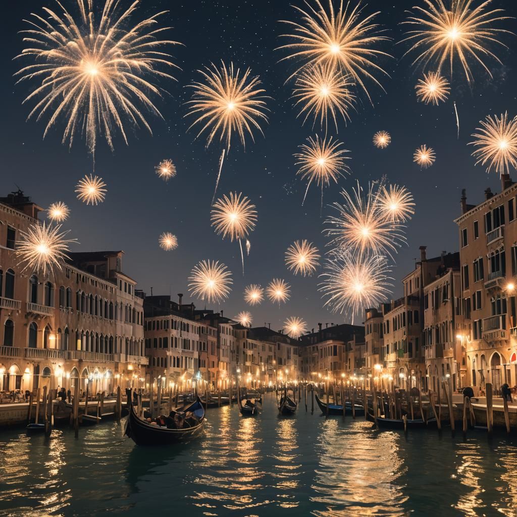 Venice Canal Night: Fireworks and Fireflies Photography