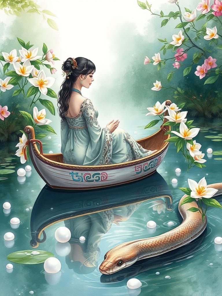 Ethereal Woman Adorns a Delicate Boat on a Tranquil Pond