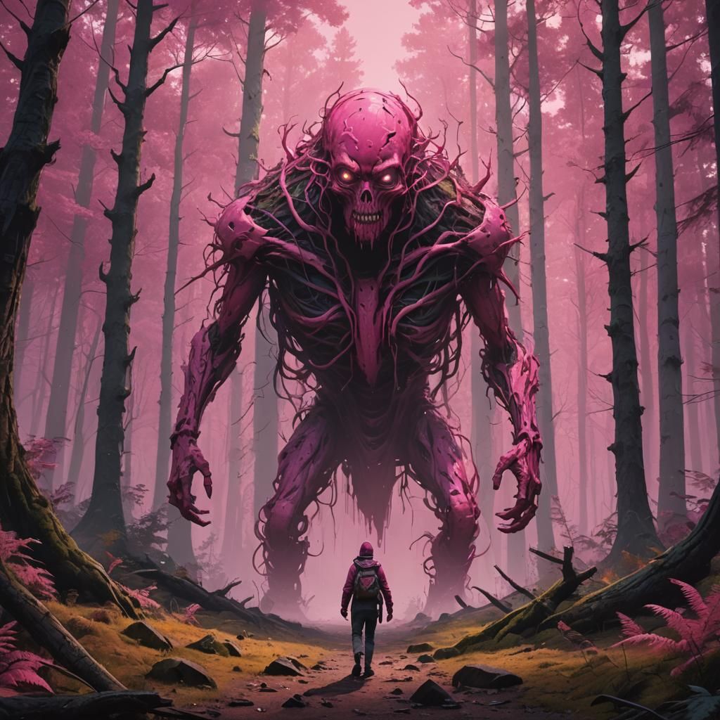 Pink Entity Emerges from Shadows in Digital Painting
