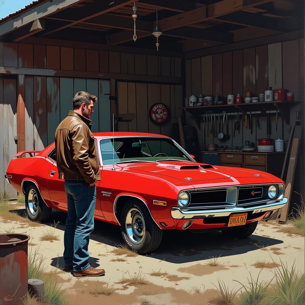 Man and Classic Car in Garage, Comic Art Style