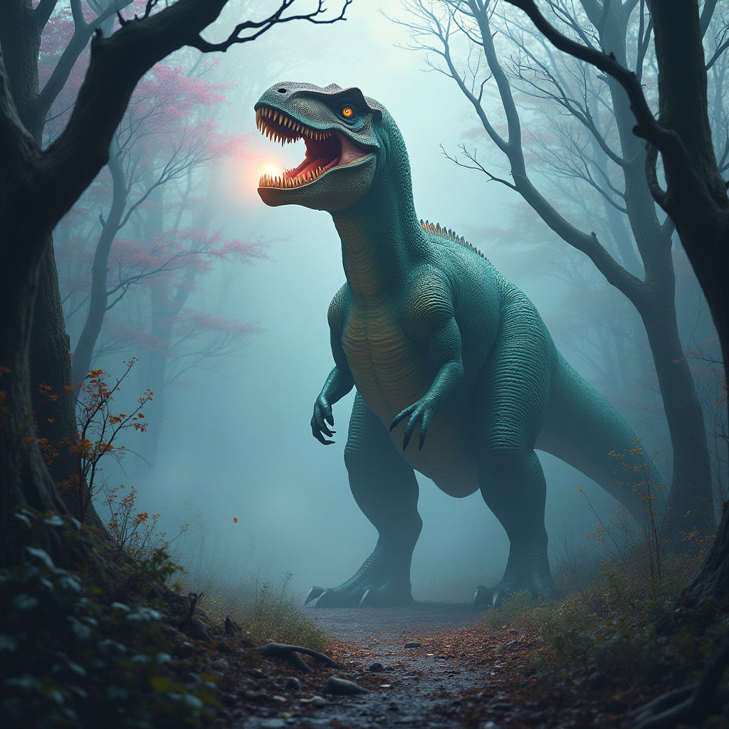 Dinosaur Rapping in Ancient Forest, Fantasy Art