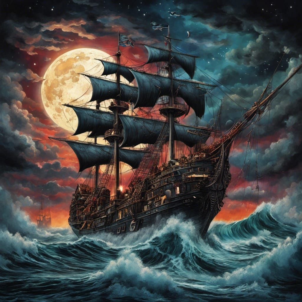 Gothic Ship on Stormy Seas in Tim Burton Style
