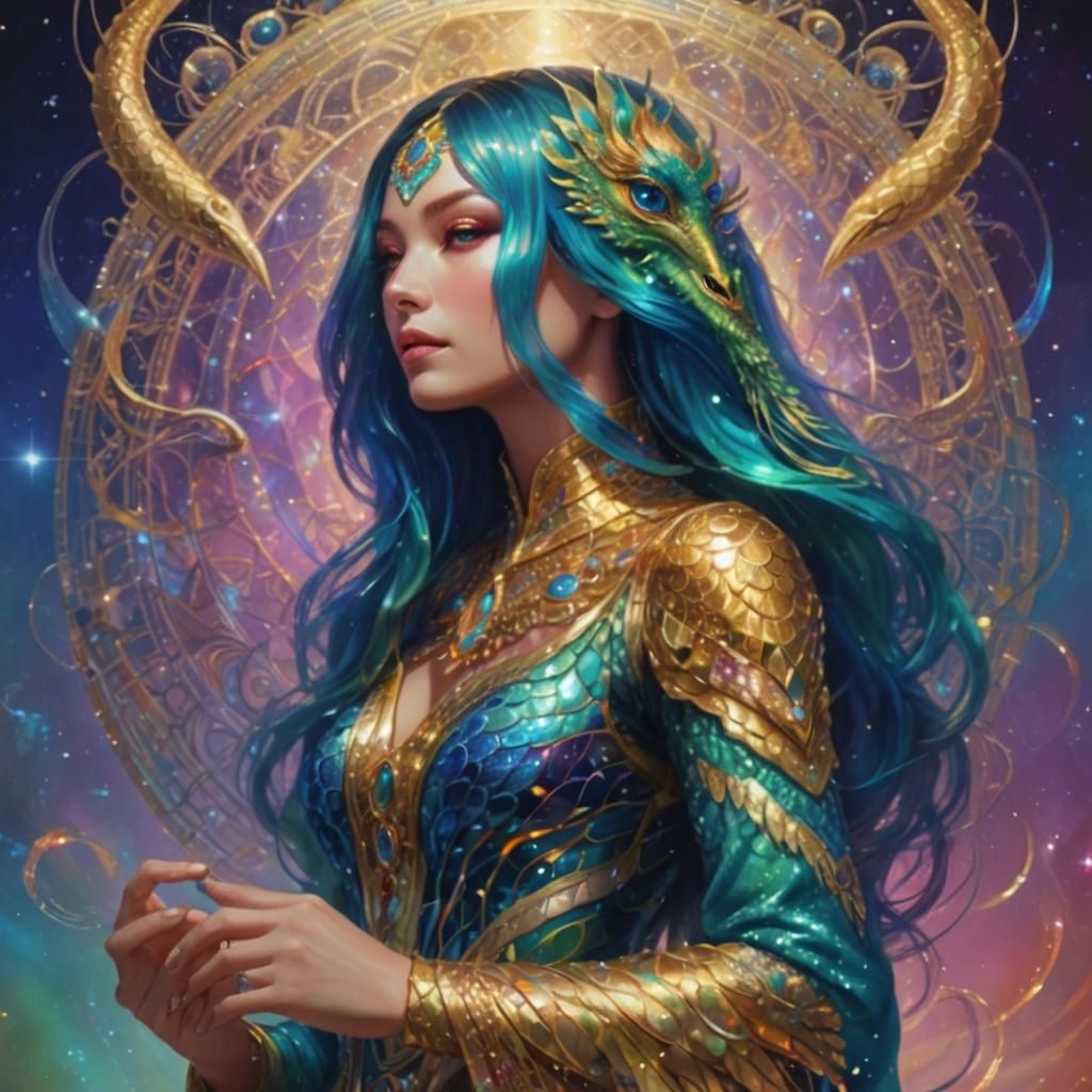 Rainbow Serpent Woman Portrait in Astral Dreamscape