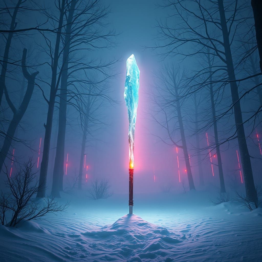 Glowing Ice Staff in a Cyberpunk Forest