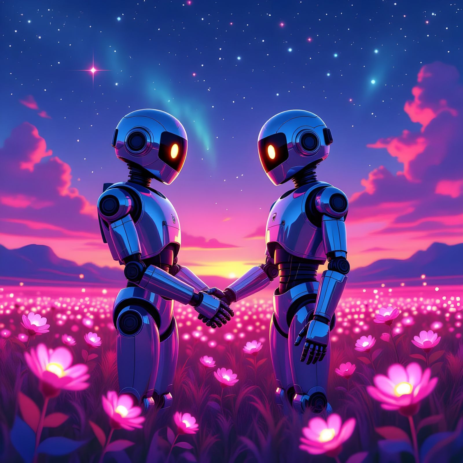 Vintage Robots Holding Hands Under Cosmic Sky