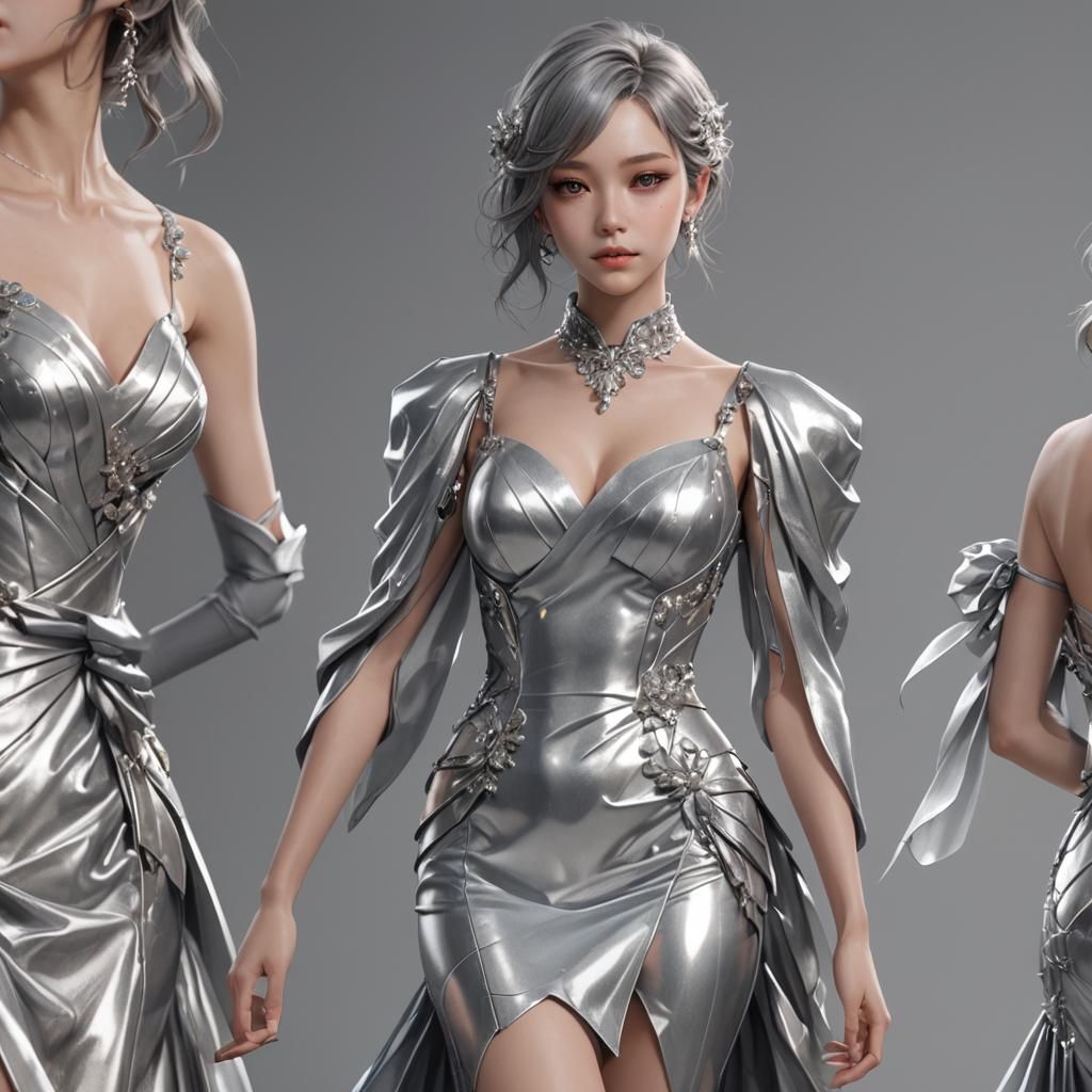 Silver Cocktail Dress: 3D Anime Concept Art