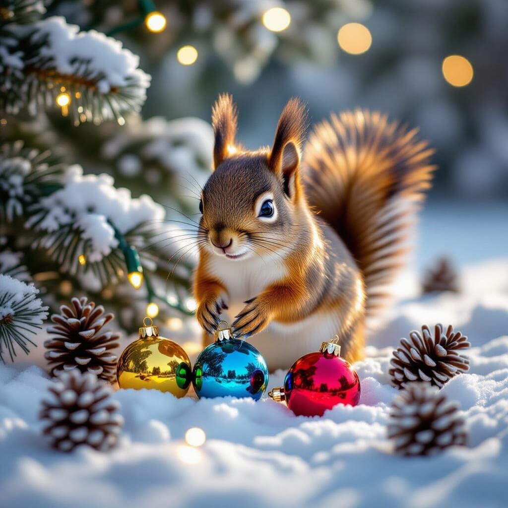 Cute Squirrel Discovers Christmas Ornaments in Snowy Forest
