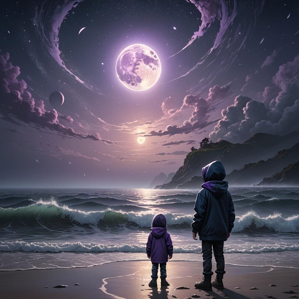 Child Gazes at Two Moons in Starry Sky