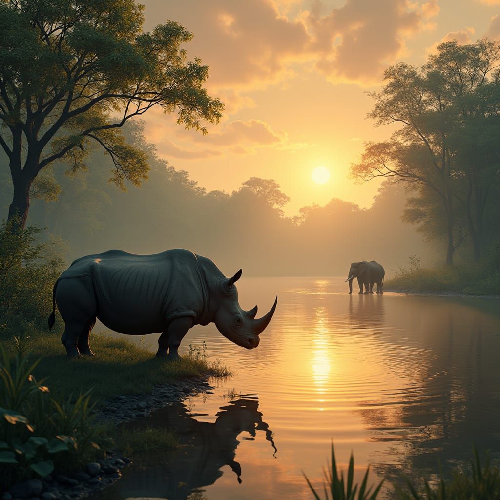 Majestic Indian Rhinoceros in Lush Jungle River Scene, India