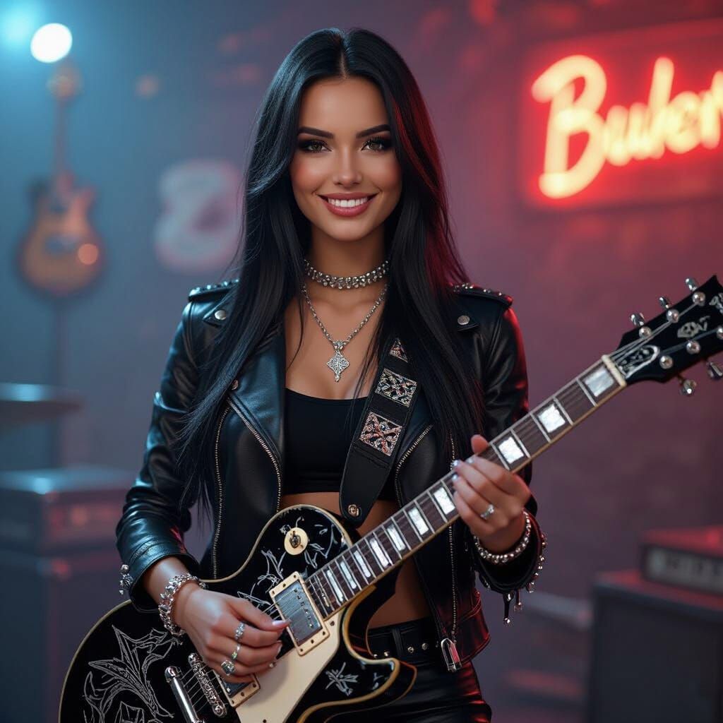 Hyperrealistic Rocker Girl with Guitar