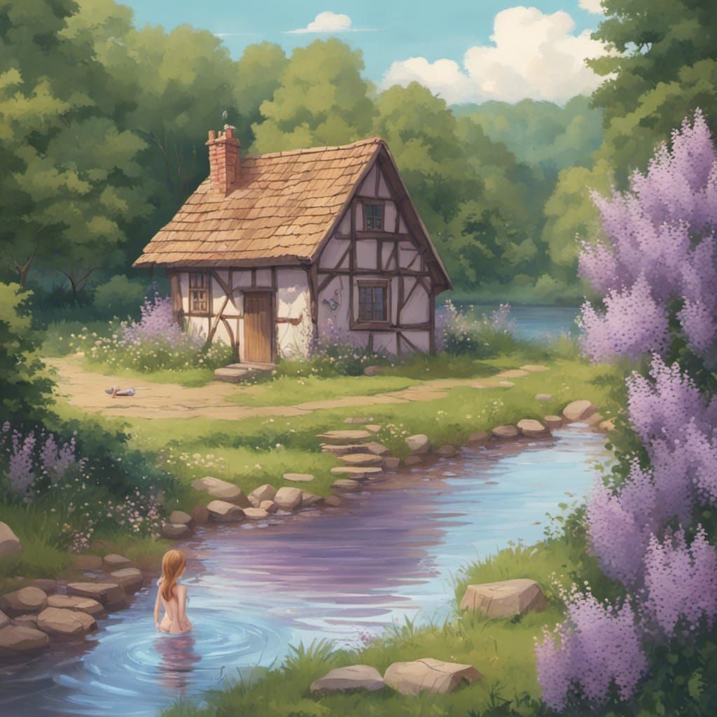 Girl Bathes in River Near Medieval Cottage