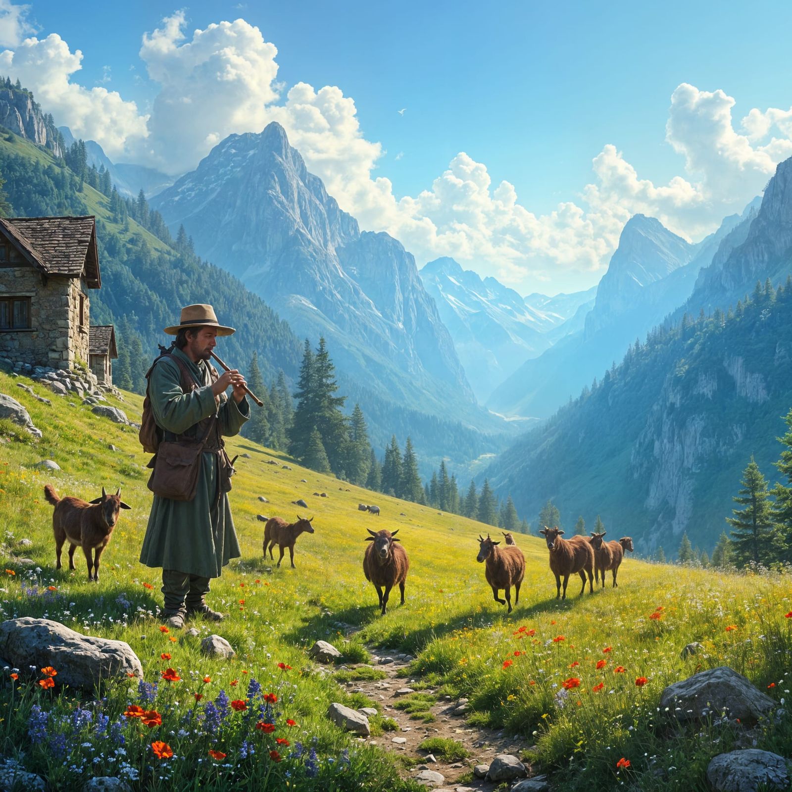 Shepherd Plays Flute in Sunlit Alpine Meadow with Goats